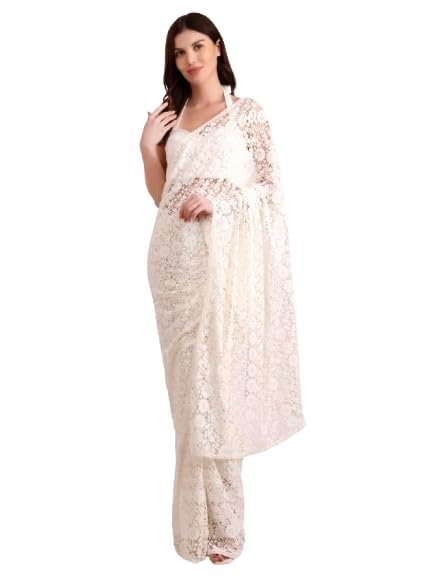 Version 1.0.0 Women's Cotton Crochet Off-White Saree Without Blouse – Stunning Net Fix Embellishments, Indian Ethnic Wear for Women, Traditional Saree for Parties, Weddings, and Festivals - Image 1