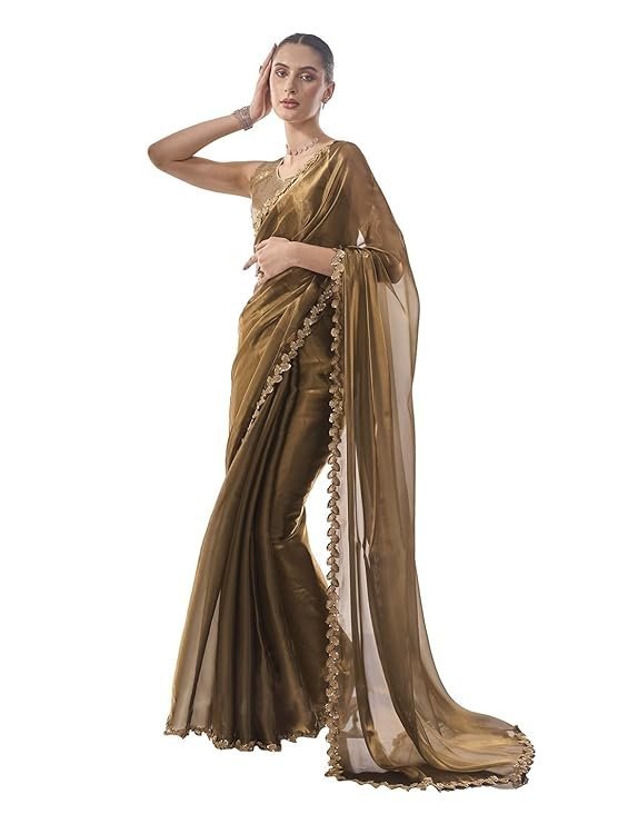 612Ph6rBy1L._SY741_ Women's Organza Lightweight Lace Work Saree With Art Silk Sequence Work Golden Unstitched Blouse Piece - Image 1