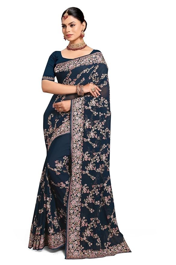 71GBNrIBMpL._SY879_ Teal Blue Zari Resham Embroidered Georgette Saree Sari with Matching Blouse Piece - Image 1
