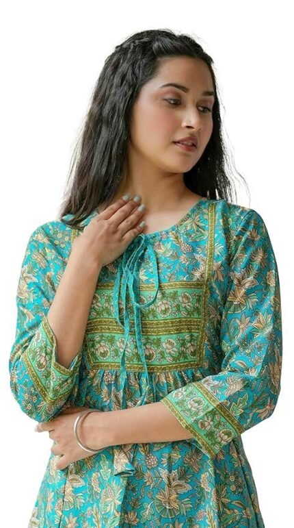 Polyester Women's Floral Placement 3/4 Sleeve and Keyhole Neck Printed Short Kurti