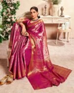 Floral Woven Silk Saree with Zari Border - Image 3