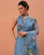 Women Hand Floral Printed Organza Saree - Image 2